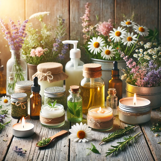 Verschiedene Gläser und Fläschchen mit Pflanzenextrakten, Naturölen und Kerze – Symbol für handgemachte Naturkosmetik.