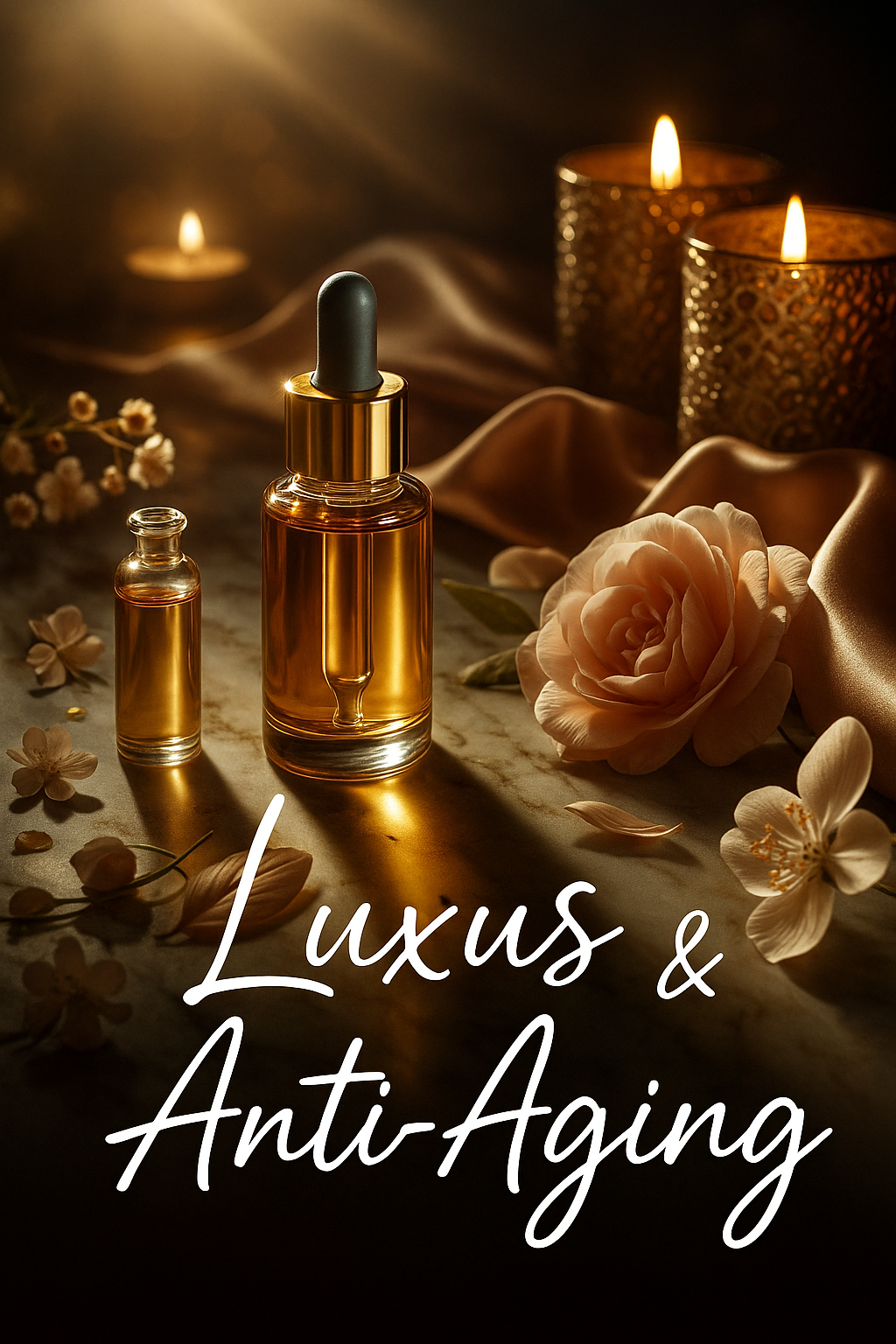 Ein elegantes Stillleben mit einem goldenen Pipettenfläschchen, umgeben von Rosen, Blüten und Kerzenlicht – Symbol für luxuriöse Anti-Aging-Pflege und sinnlichen Glow.