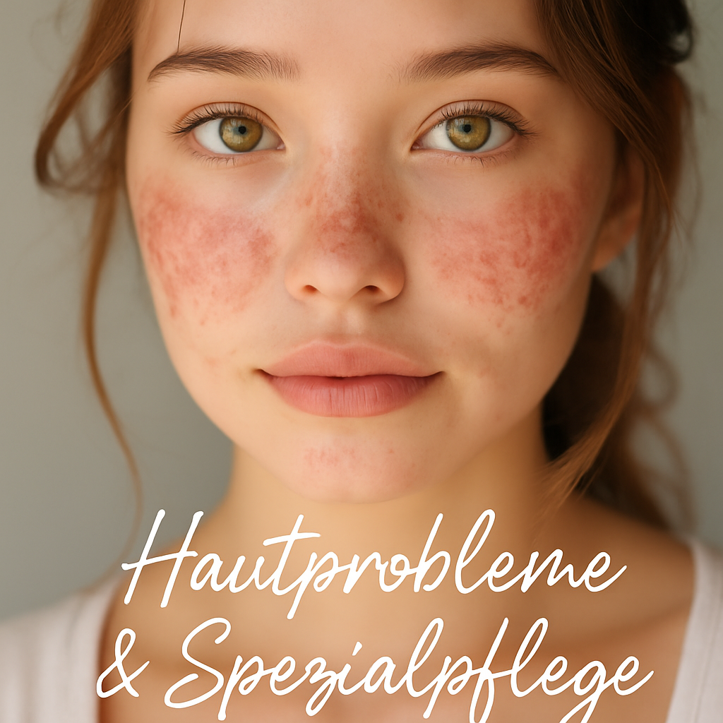 Junge Frau mit sichtbaren Hautirritationen auf den Wangen, vor neutralem Hintergrund – natürliche Darstellung für die Kategorie „Hautprobleme & Spezialpflege“ im Bereich sensibler Hautpflege.