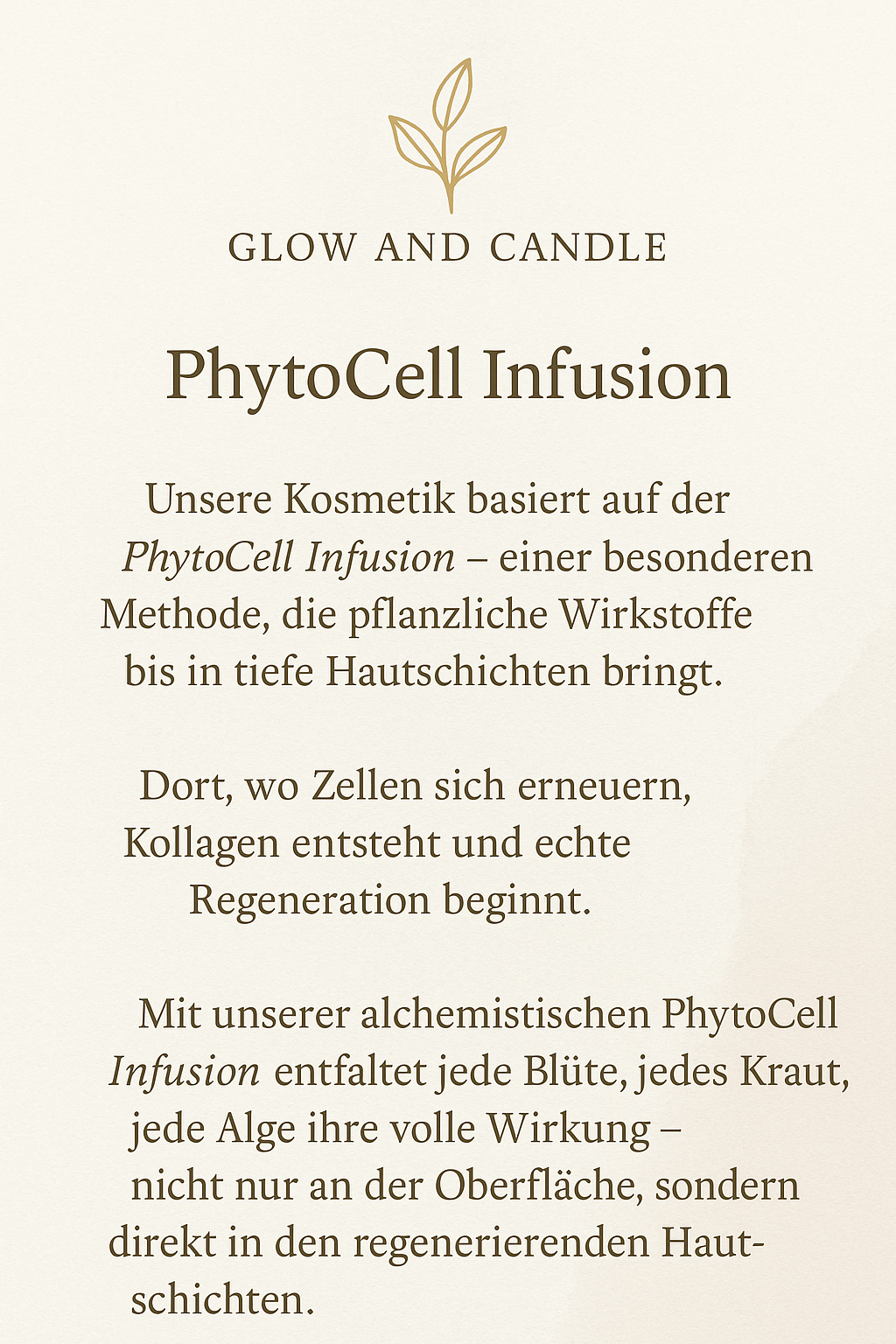 Infotafel von Glow and Candle über die PhytoCell-Infusion – eine Methode zur tiefenwirksamen Hautregeneration mit pflanzlichen Wirkstoffen wie Blüten, Kräutern und Algen für natürliche Kosmetik