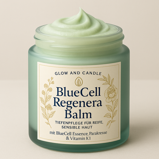Ein edler, matt-türkisfarbener Glastiegel mit aufgeschlagener, hellgrüner Balsamcreme. Auf dem cremefarbenen, quadratischen Etikett steht in dunkelblauer Schrift: ‚BlueCell Regenera Balm – Tiefenpflege für reife, sensible Haut‘. Goldene Pflanzenillustrationen von Parakresse und Rose zieren das Etikett. Darüber das Logo von Glow and Candle. Das Bild wirkt hochwertig, naturverbunden und elegant.