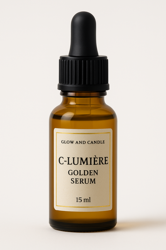 15 ml Pipettenflasche mit C-Lumière Golden Serum von Glow and Candle – natürliches Vitamin-C-Serum mit Squalan, Buritiöl und Ferulasäure in elegantem Design